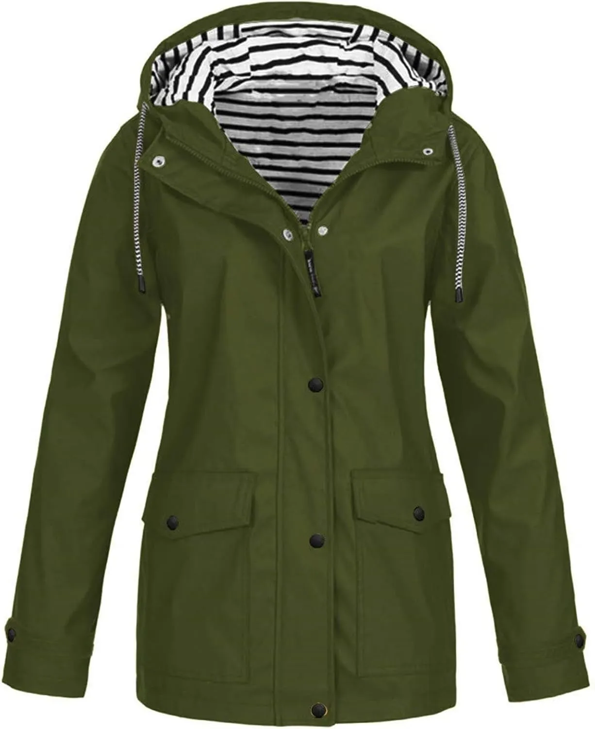 Womens Waterproof Jacket Striped Lined Hooded Lightweight Raincoat Active Outdoor Rain Jacket