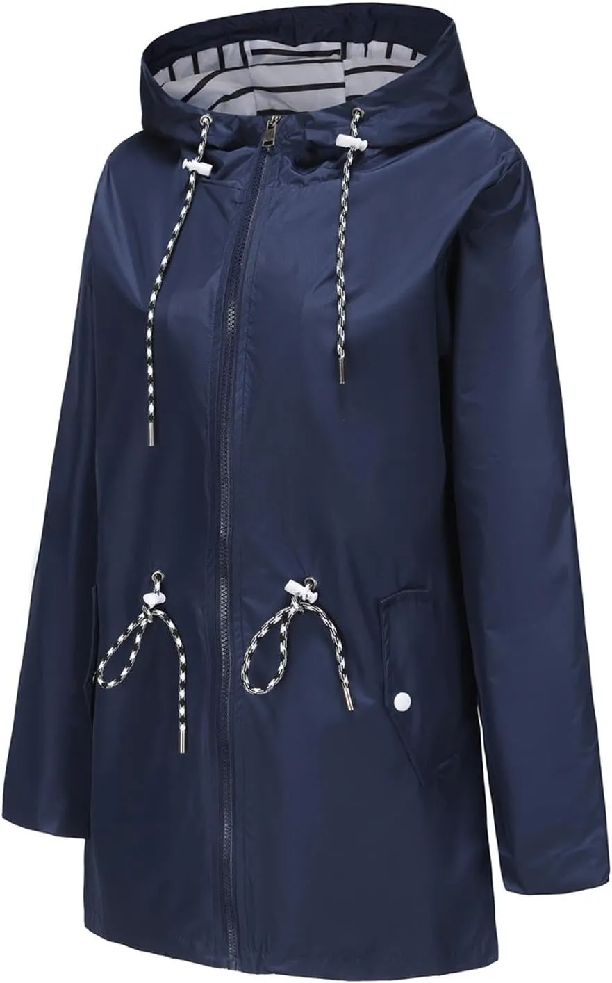 Women's Waterproof Raincoats with Hood Lightweight Zip Up Windbreaker Trendy Rain Jackets Outdoor Hiking Trench Coats