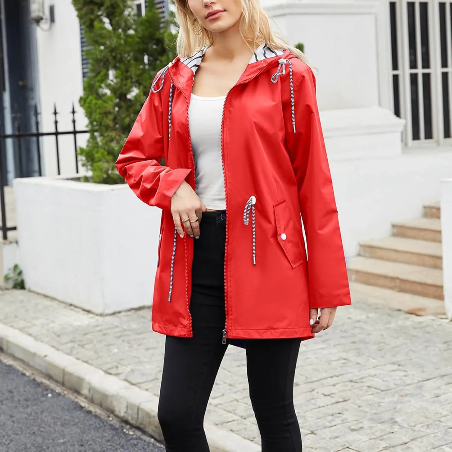 Women's Waterproof Raincoats with Hood Lightweight Zip Up Windbreaker Trendy Rain Jackets Outdoor Hiking Trench Coats