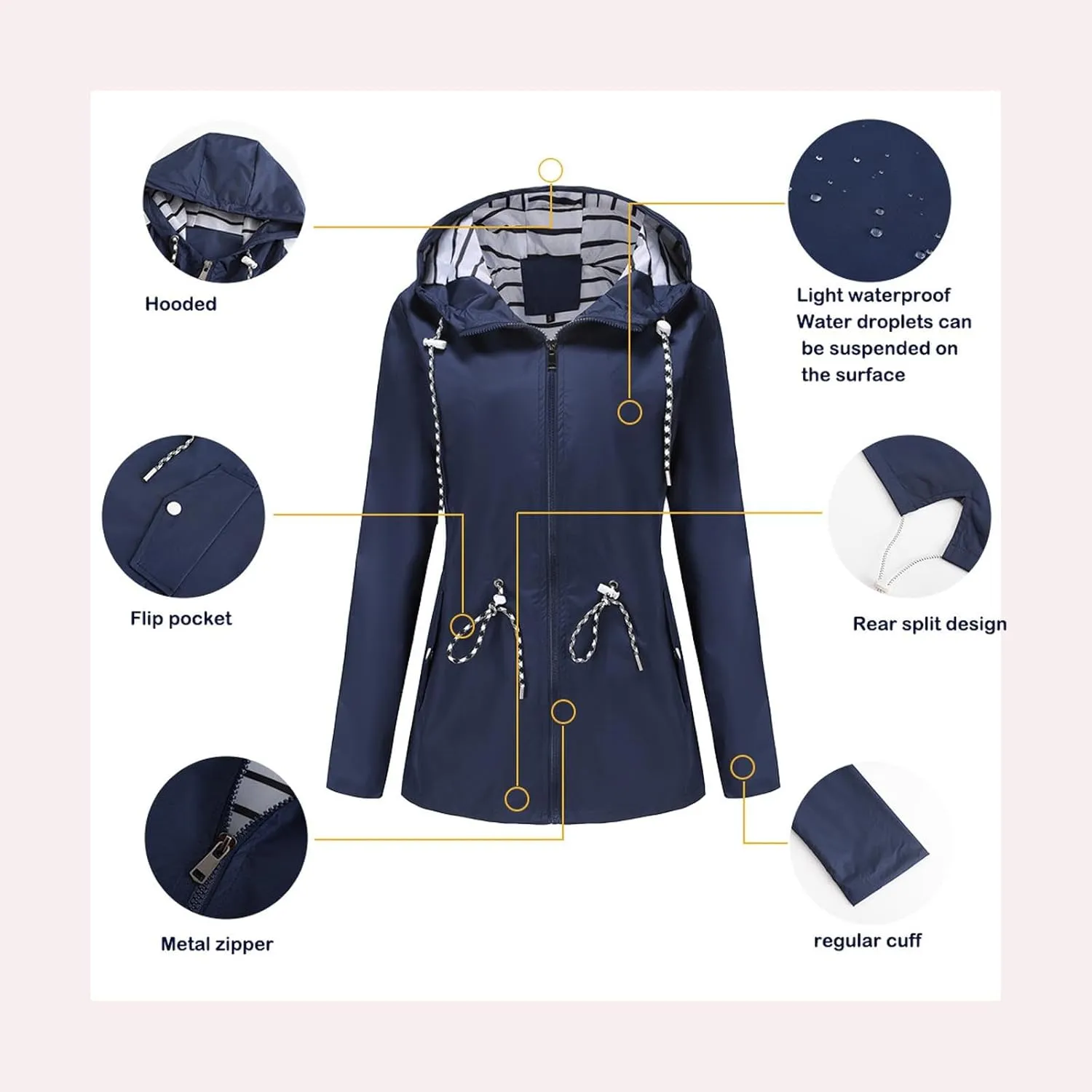 Women's Waterproof Raincoats with Hood Lightweight Zip Up Windbreaker Trendy Rain Jackets Outdoor Hiking Trench Coats