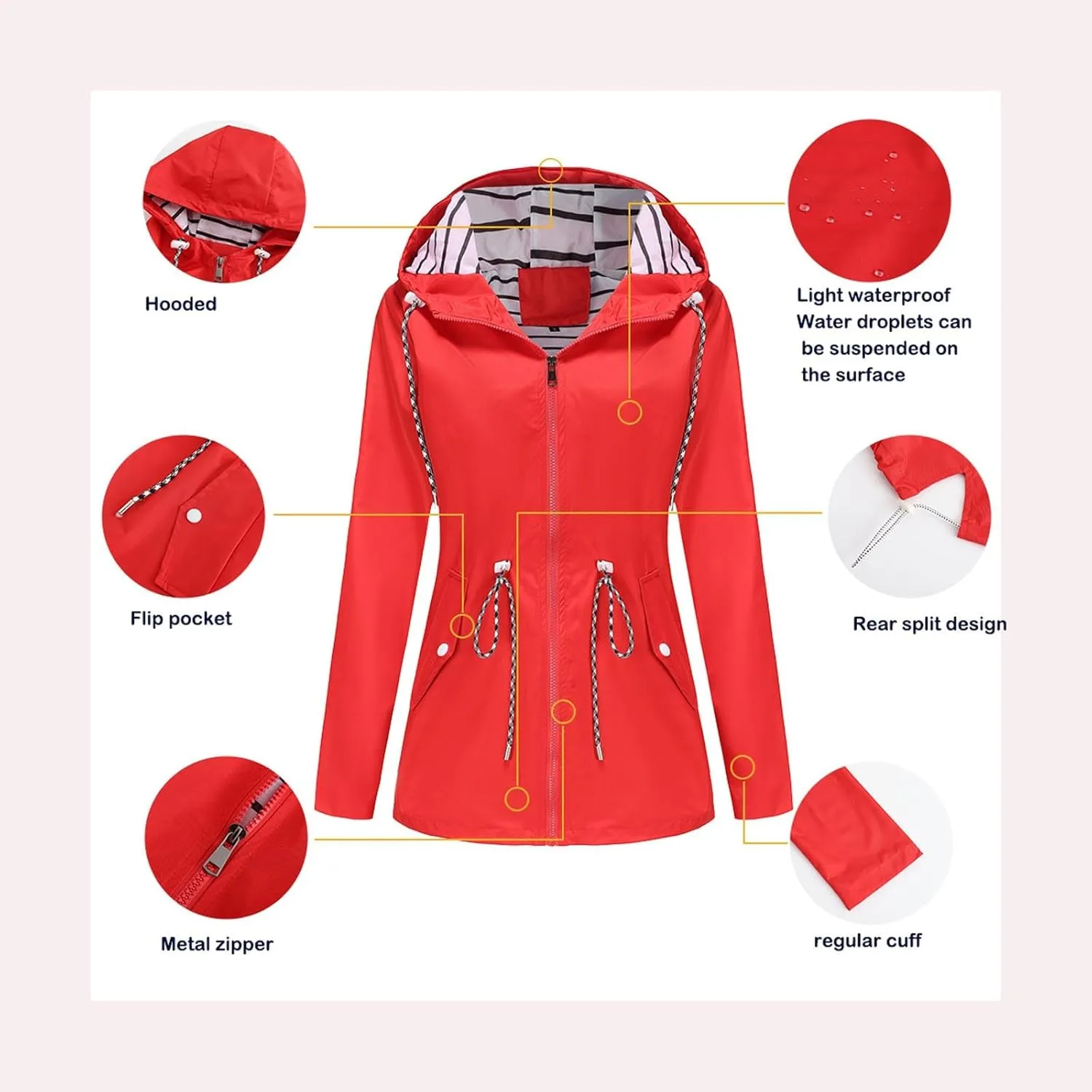 Women's Waterproof Raincoats with Hood Lightweight Zip Up Windbreaker Trendy Rain Jackets Outdoor Hiking Trench Coats