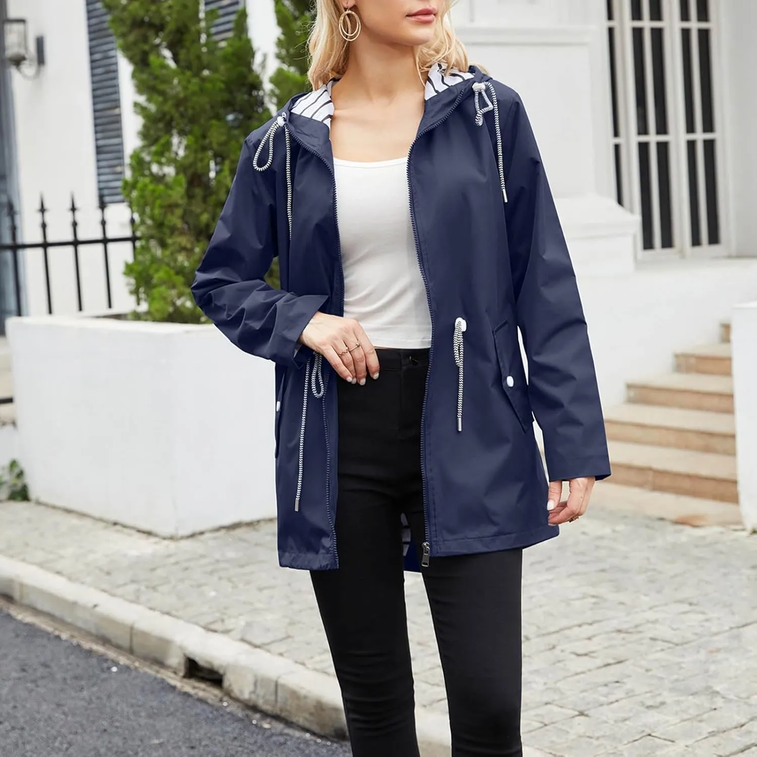 Women's Waterproof Raincoats with Hood Lightweight Zip Up Windbreaker Trendy Rain Jackets Outdoor Hiking Trench Coats
