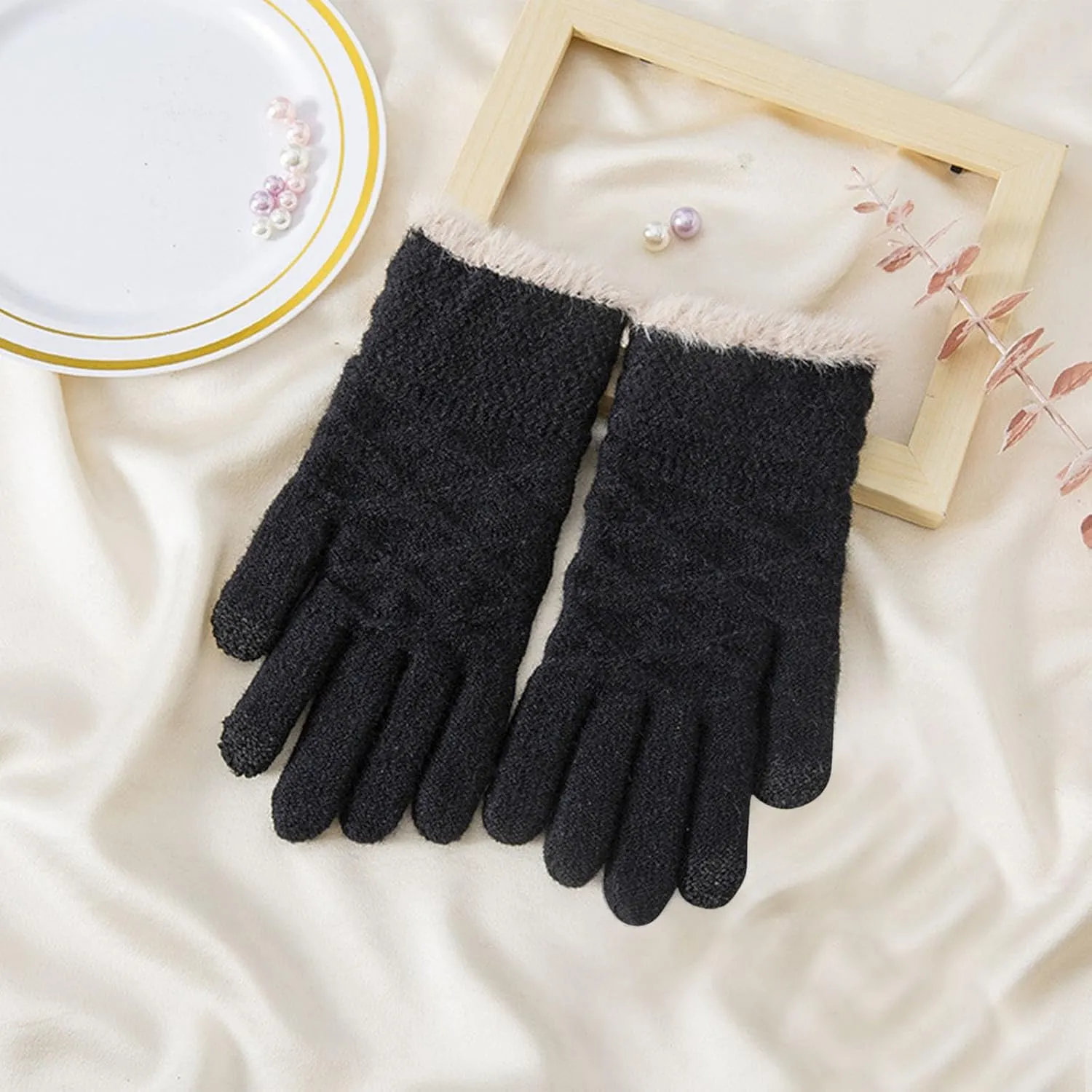 Women's Winter Thick Fleece Lined Gloves Solid Warm Mid-Length Knitted Gloves 2025 Soft Cozy Outdoor Cycling Gloves