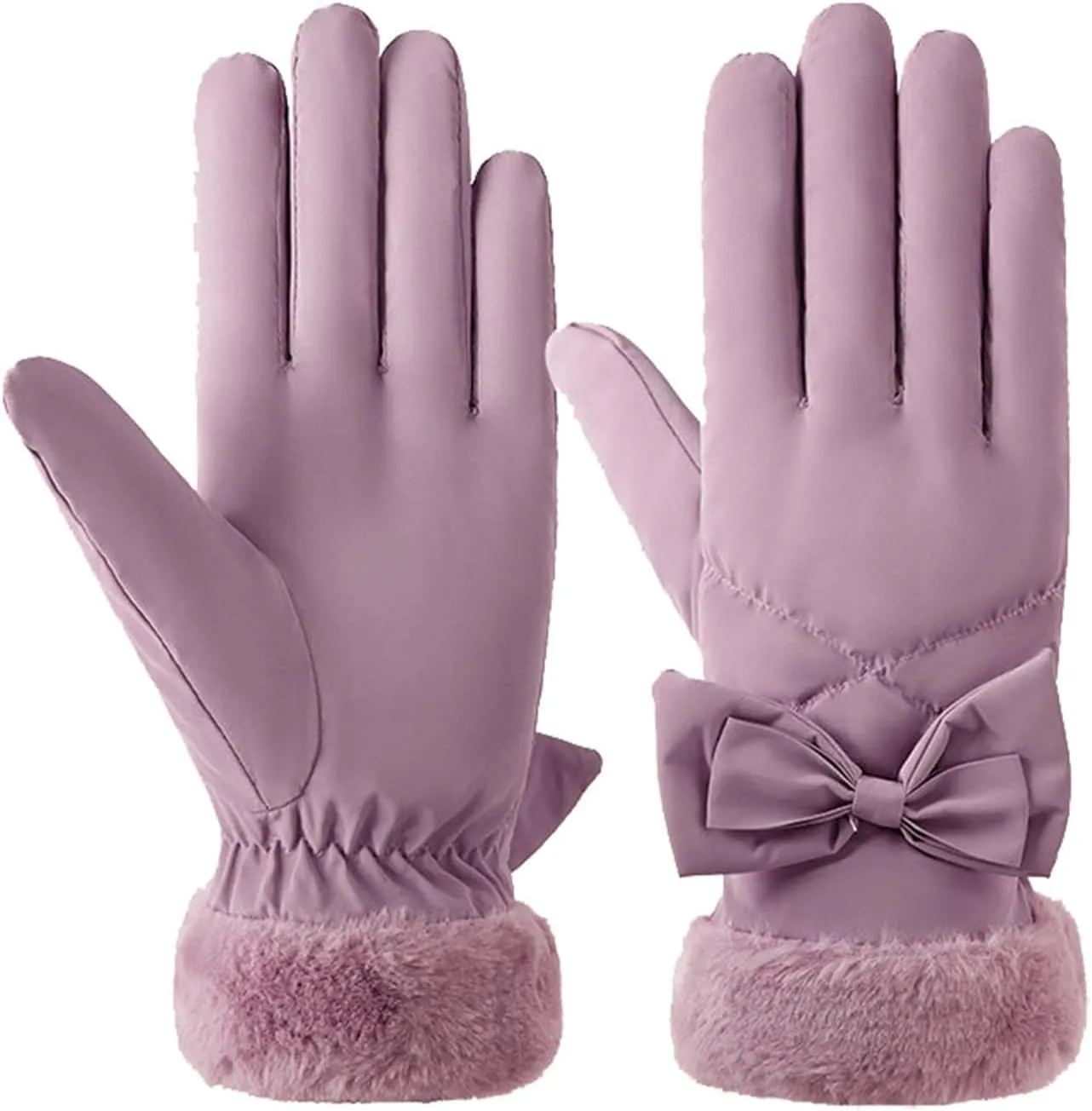 Womens Winter Touchscreen Suede Gloves with Bow Plush Cuffs Warm and Coldproof Gloves for Cold Weather (Purple, One Size)