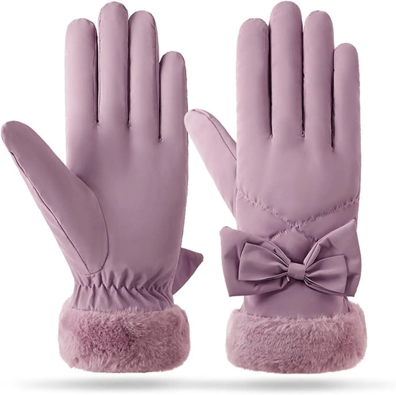 Womens Winter Touchscreen Suede Gloves with Bow Plush Cuffs Warm and Coldproof Gloves for Cold Weather (Purple, One Size)