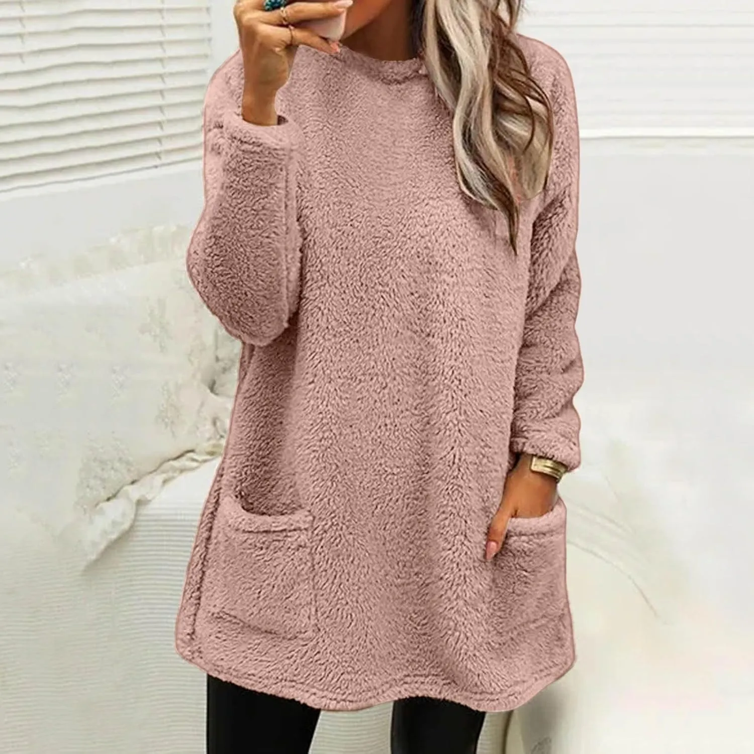 Women's Winter Warm Fleece Lined Sweatshirt, Oversized Fuzzy Outerwear, Long Sleeve Sherpa Tunic Tops with Leggings