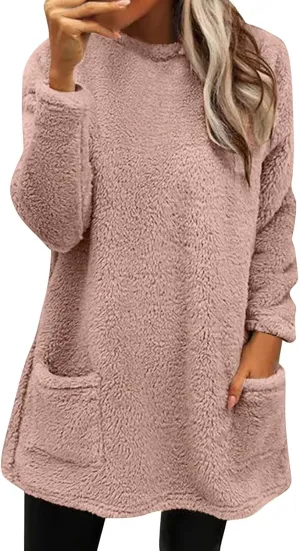 Women's Winter Warm Fleece Lined Sweatshirt, Oversized Fuzzy Outerwear, Long Sleeve Sherpa Tunic Tops with Leggings
