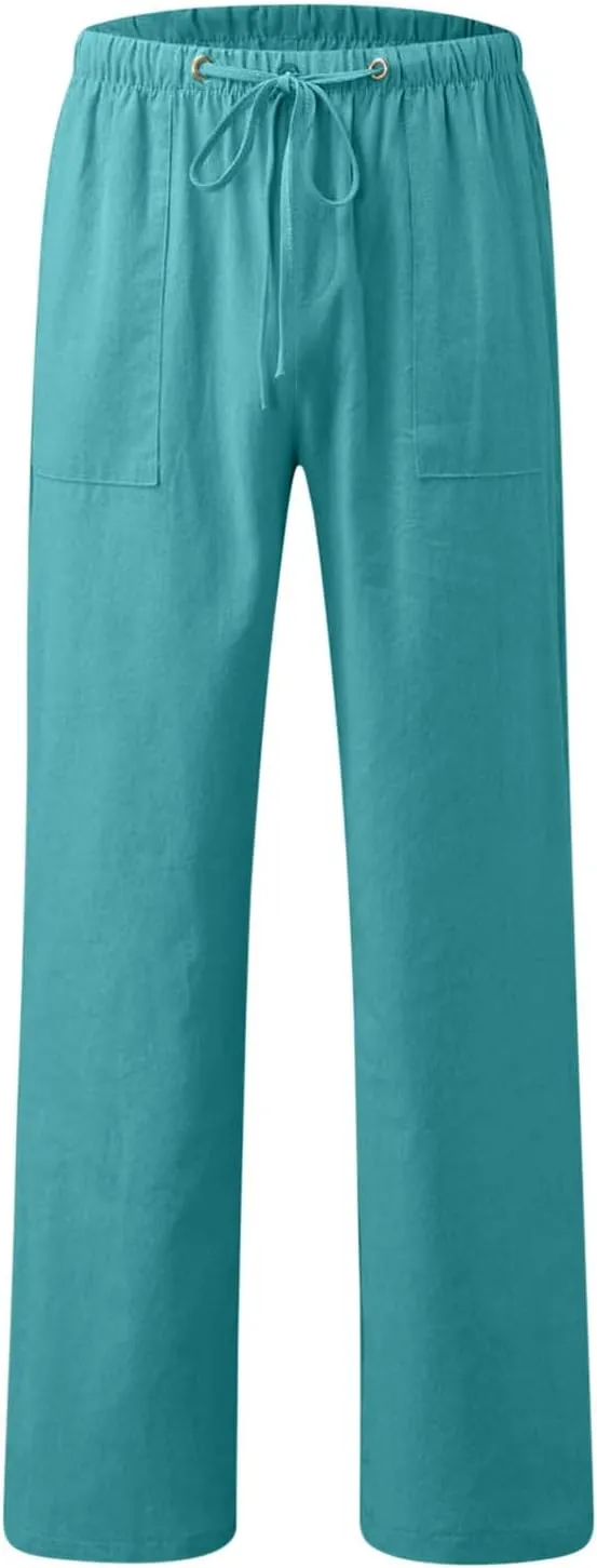 Xiaojmake Mens Casual Linen Pants Elastic Waist Drawstring Fall Loose Fit Baggy Beach Pants Lightweight Trousers with Pockets