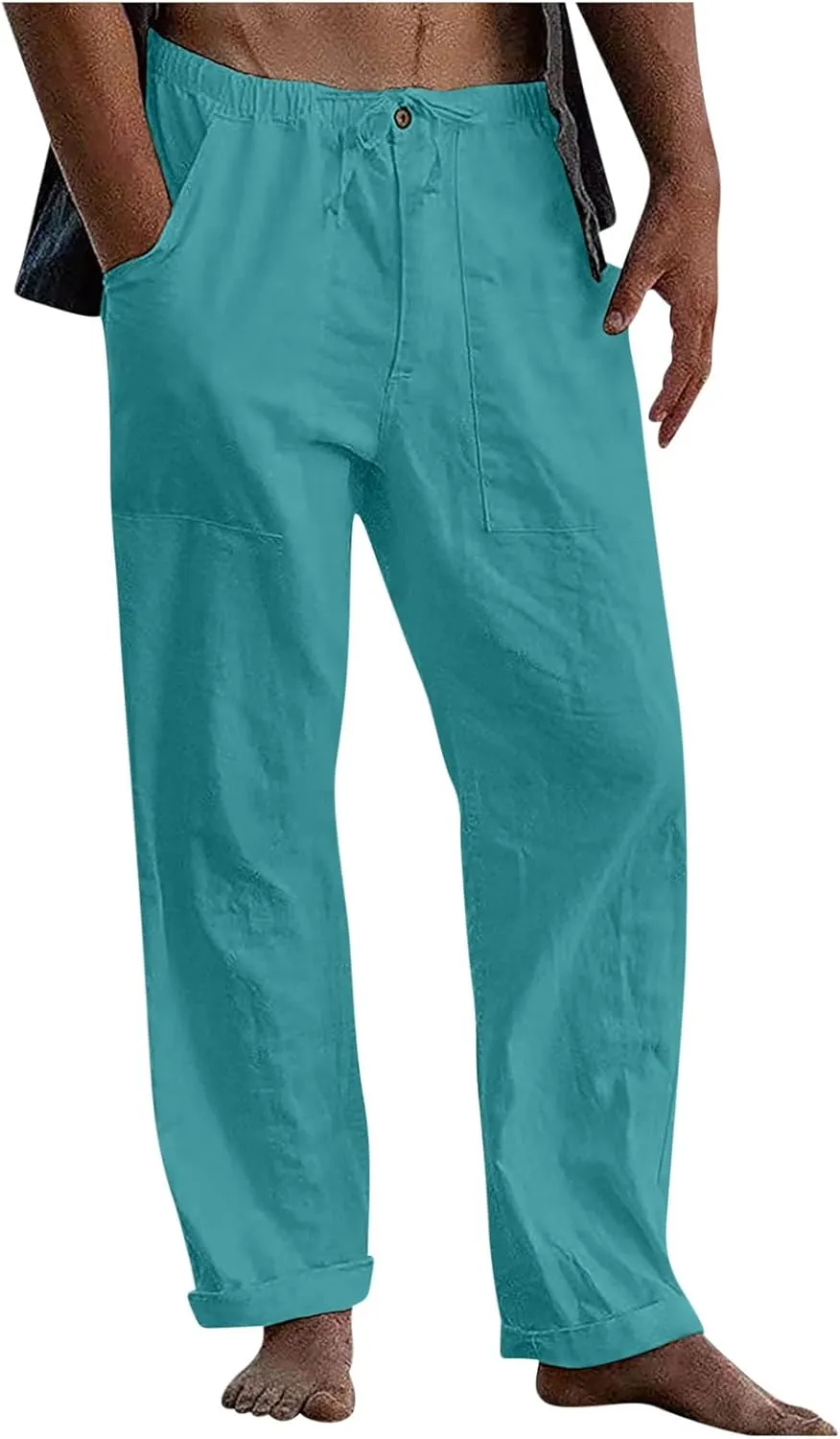 Xiaojmake Mens Casual Linen Pants Elastic Waist Drawstring Fall Loose Fit Baggy Beach Pants Lightweight Trousers with Pockets