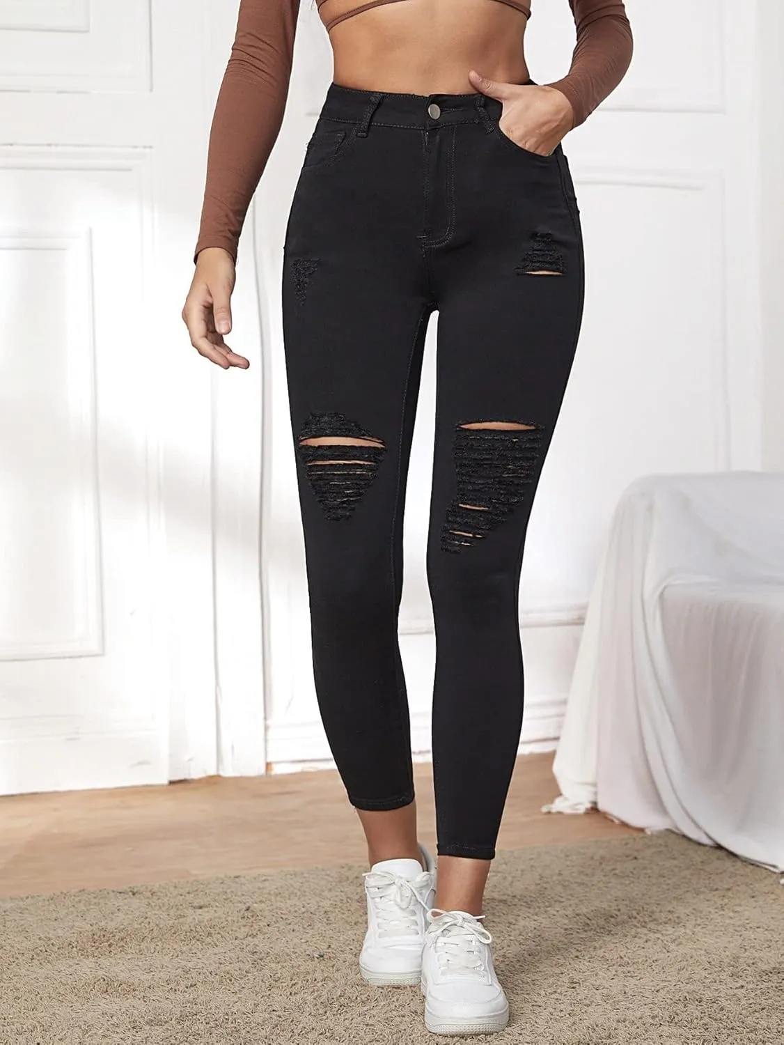 YASEM Women's Jeans High Stretch Ripped Crop Skinny Jeans Jeans (Color : Black, Size : Large)