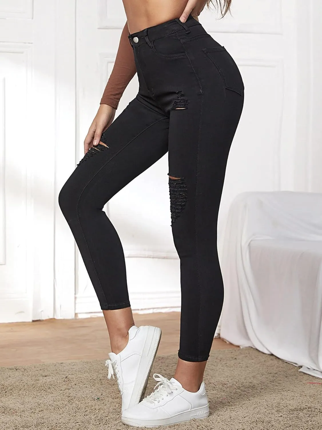 YASEM Women's Jeans High Stretch Ripped Crop Skinny Jeans Jeans (Color : Black, Size : Large)