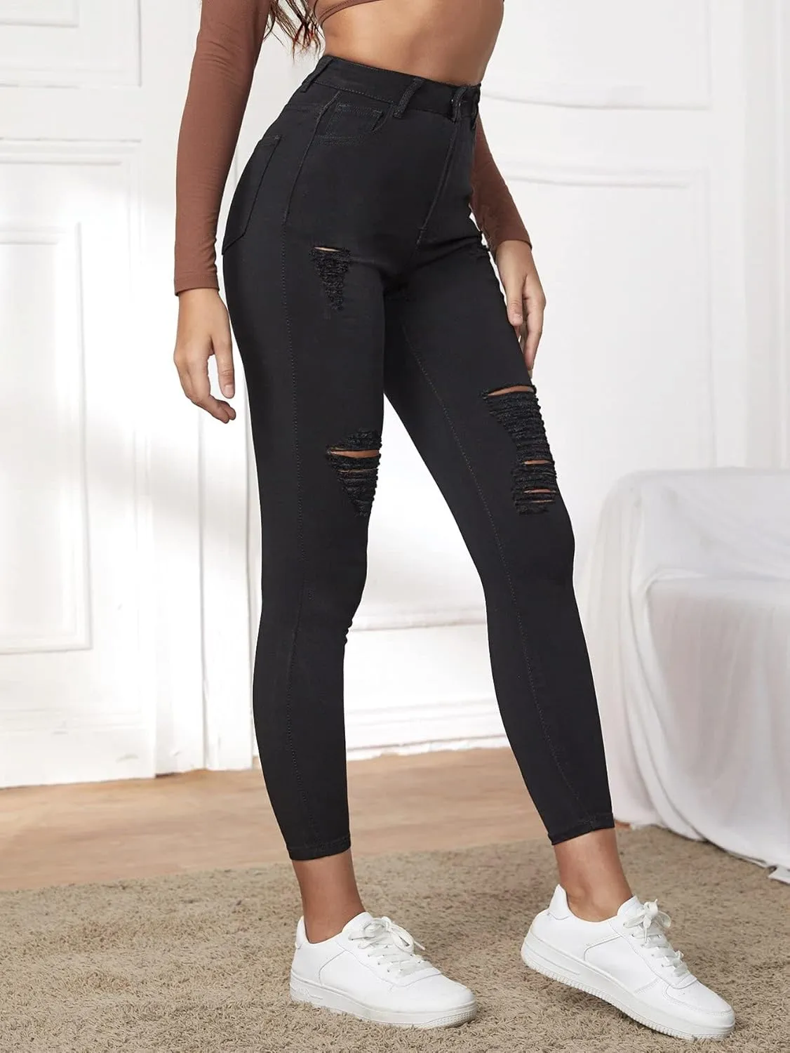 YASEM Women's Jeans High Stretch Ripped Crop Skinny Jeans Jeans (Color : Black, Size : Large)