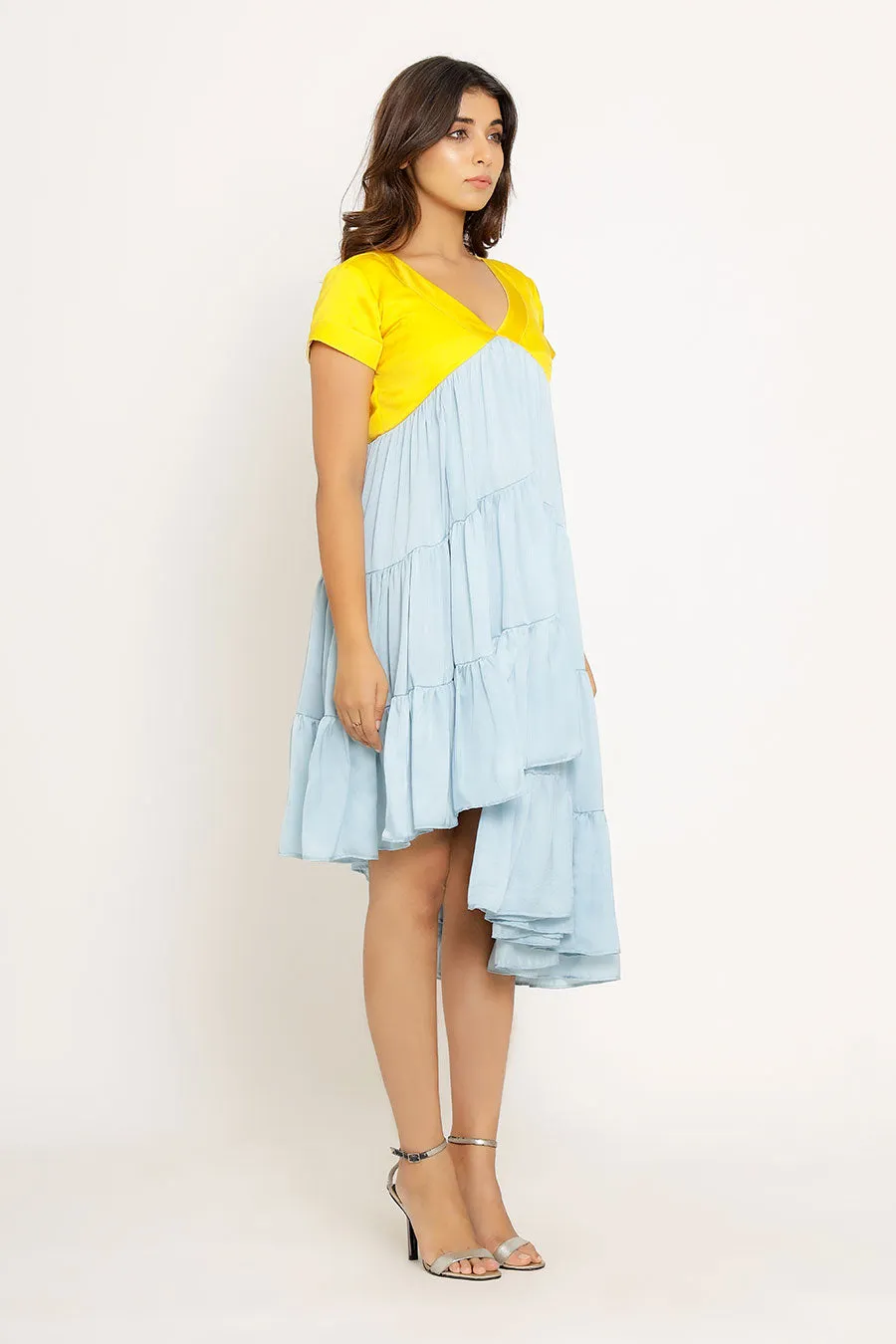 Yellow & Ice Blue Asymmetrical Dress