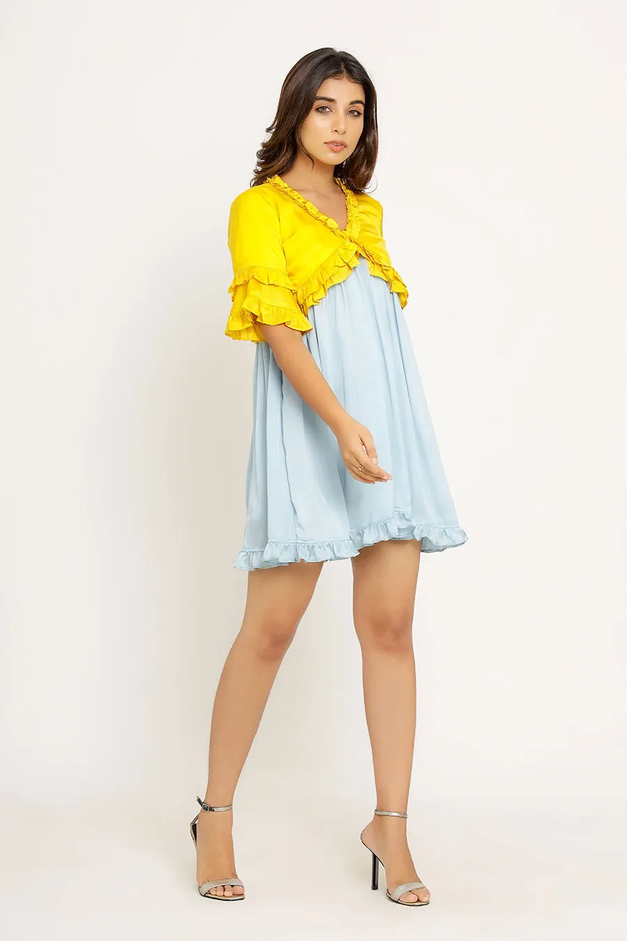Yellow & Ice Blue Frilled Mini Dress