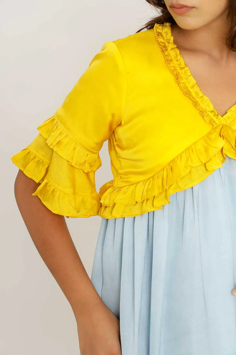 Yellow & Ice Blue Frilled Mini Dress