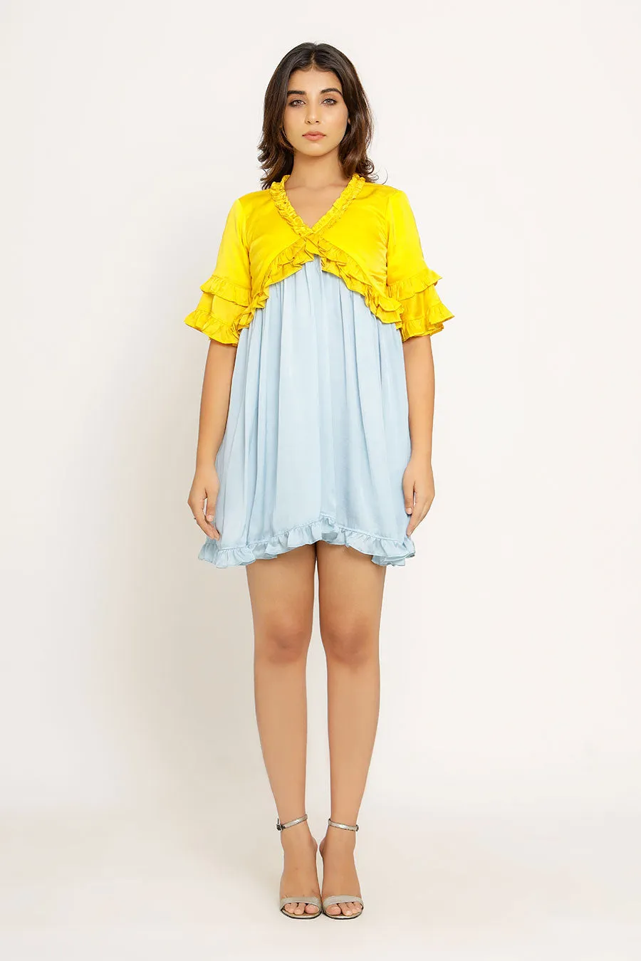 Yellow & Ice Blue Frilled Mini Dress