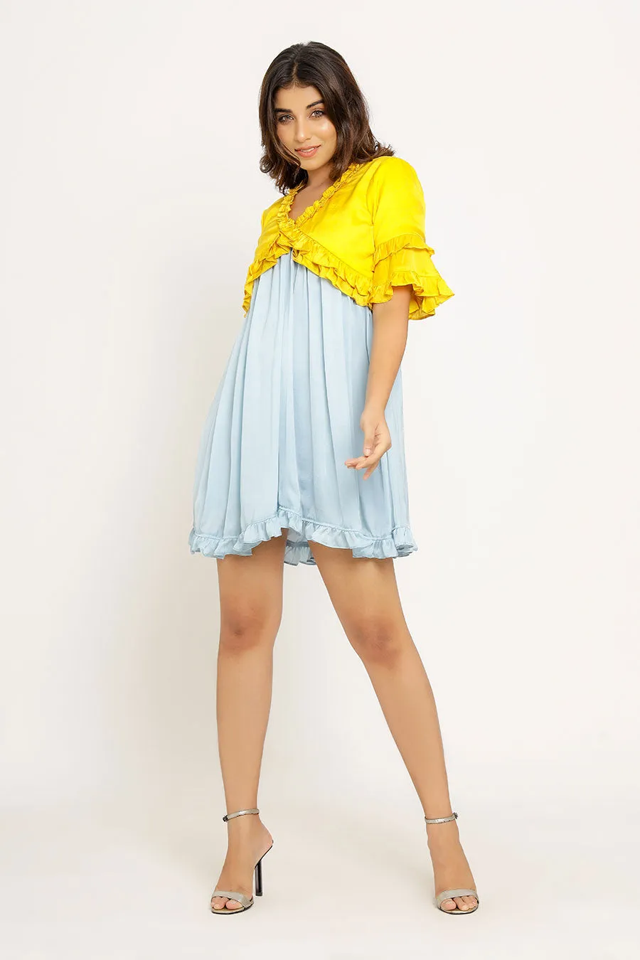 Yellow & Ice Blue Frilled Mini Dress