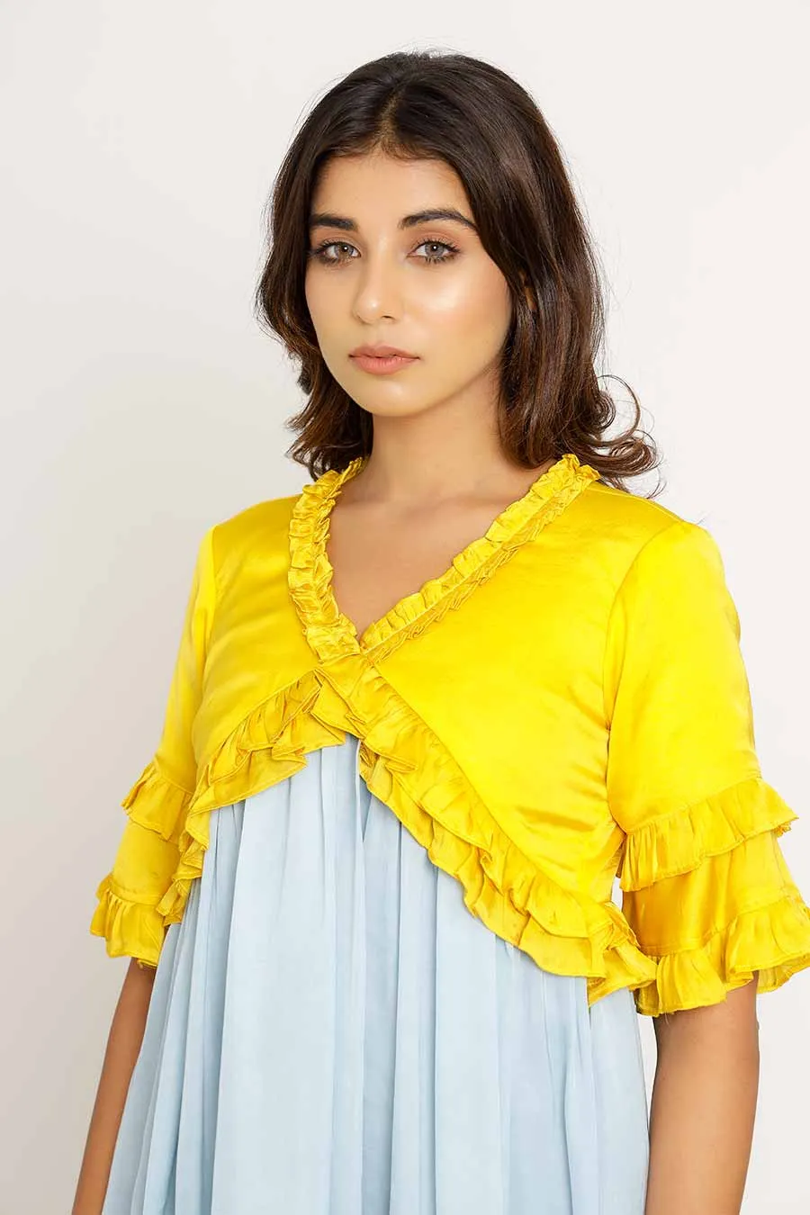 Yellow & Ice Blue Frilled Mini Dress
