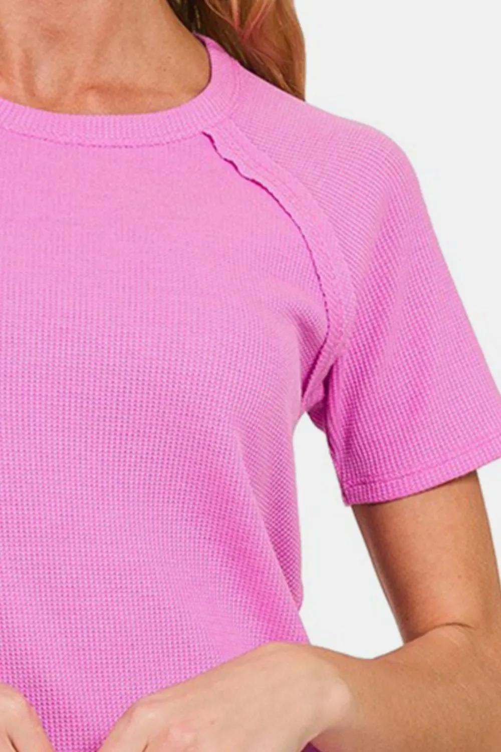 Zenana Round Neck Short Sleeve Waffle T-Shirt in Mauve