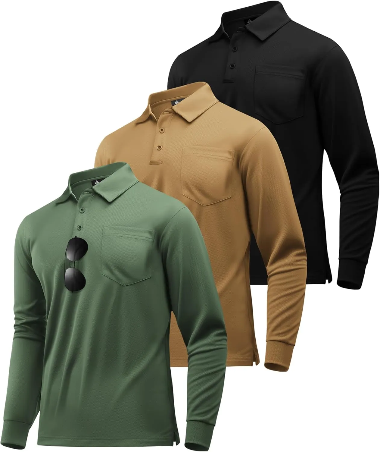 ZITY 3 Pack Long Sleeve Polo Shirts for Men with Pocket Moisture Wicking Outdoor Workwear Office Casual Collared Shirts Fall