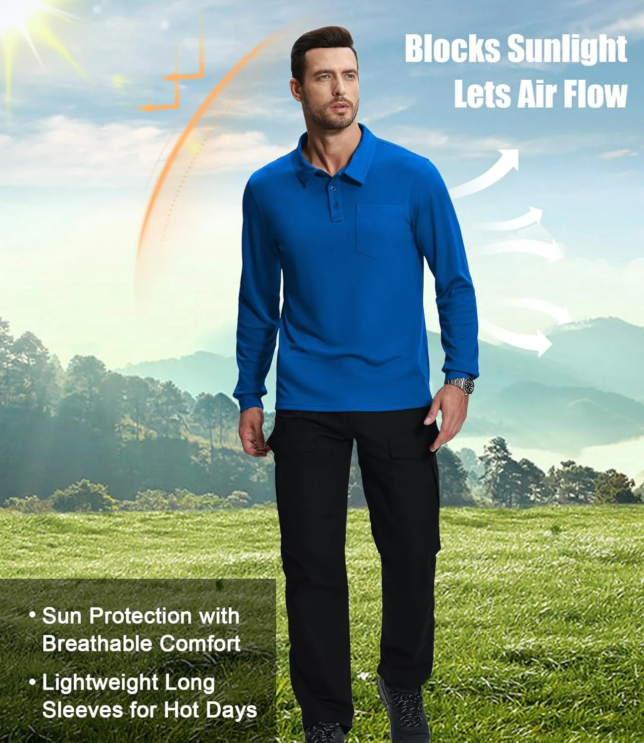 ZITY 3 Pack Long Sleeve Polo Shirts for Men with Pocket Moisture Wicking Outdoor Workwear Office Casual Collared Shirts Fall