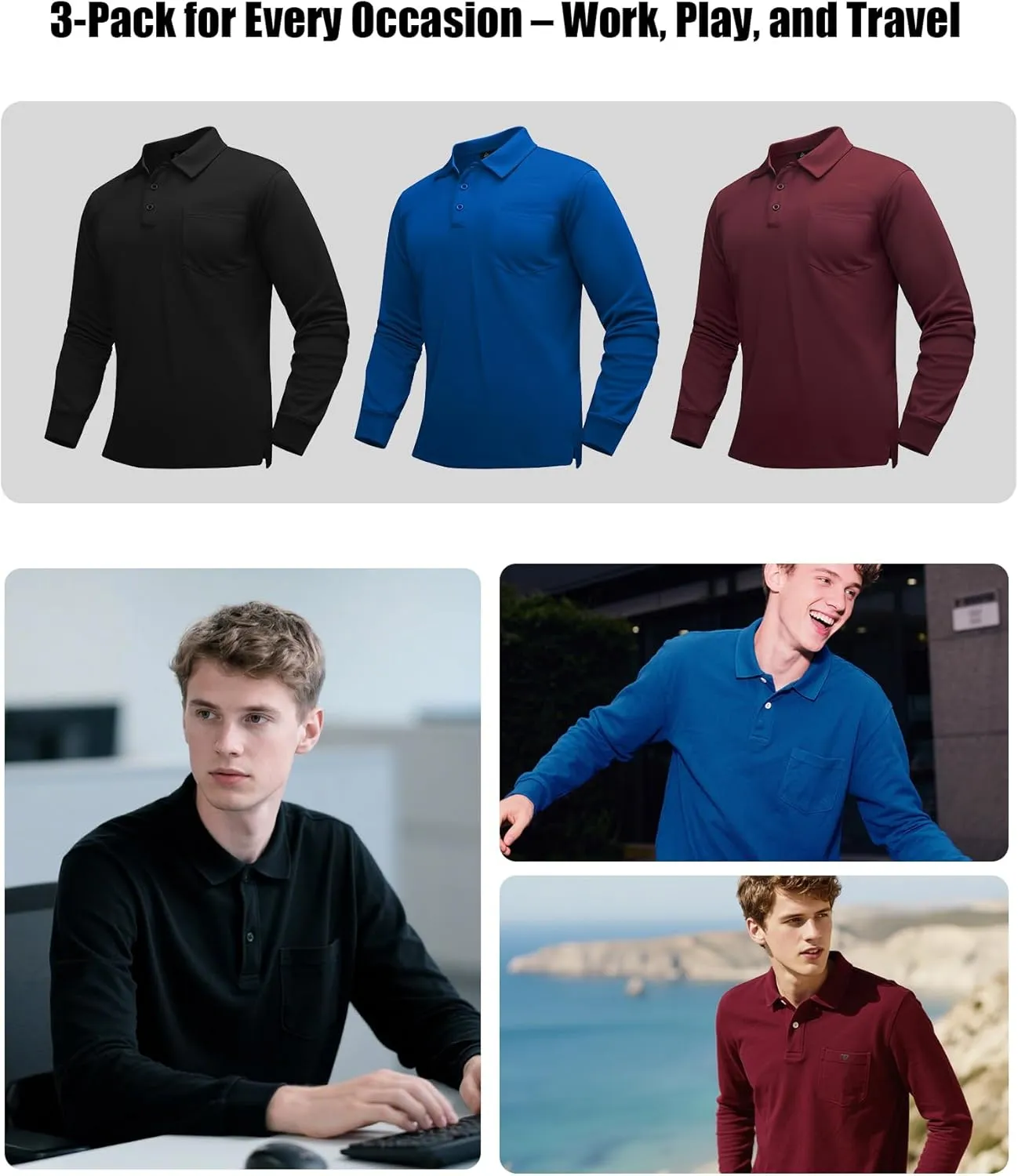 ZITY 3 Pack Long Sleeve Polo Shirts for Men with Pocket Moisture Wicking Outdoor Workwear Office Casual Collared Shirts Fall