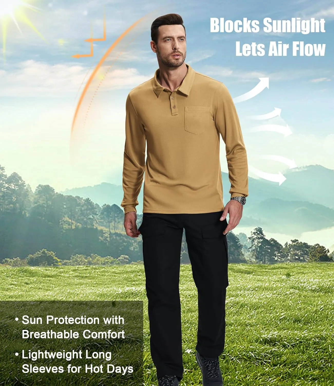 ZITY 3 Pack Long Sleeve Polo Shirts for Men with Pocket Moisture Wicking Outdoor Workwear Office Casual Collared Shirts Fall