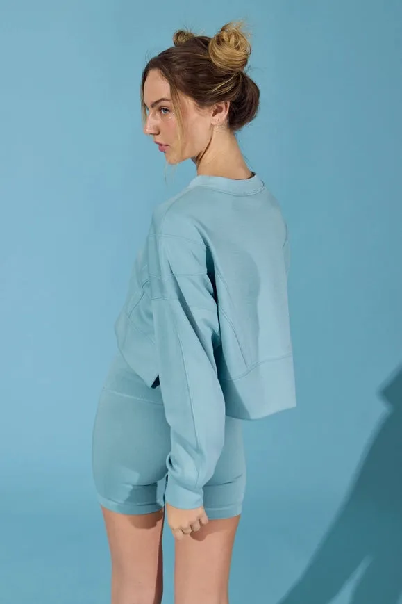 Zoey Loose Fit Seam Detailed Top And Bike Shorts Set Blue