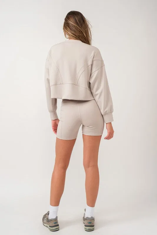 Zoey Loose Fit Seam Detailed Top And Bike Shorts Set Stone