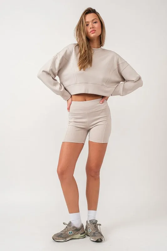 Zoey Loose Fit Seam Detailed Top And Bike Shorts Set Stone