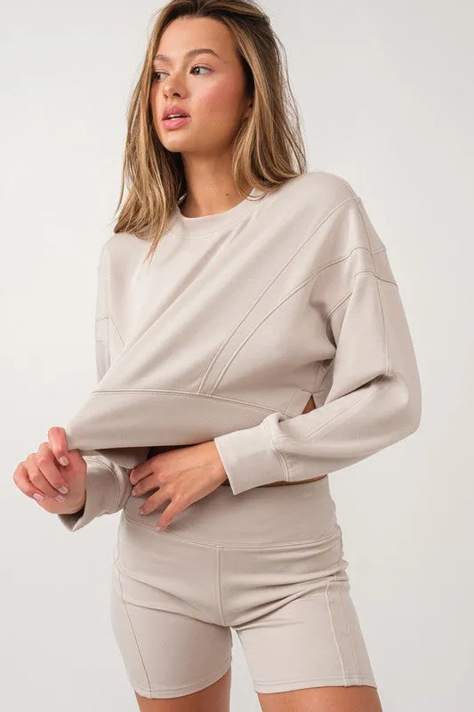 Zoey Loose Fit Seam Detailed Top And Bike Shorts Set Stone